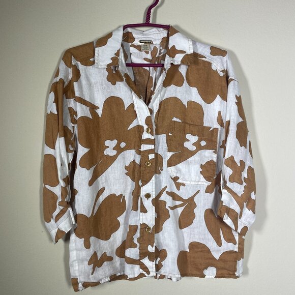 Magaschoni Tops - Magaschoni Women's 3/4 Sleeve Brown White 100% Linen Button-Up Shirt Medium!